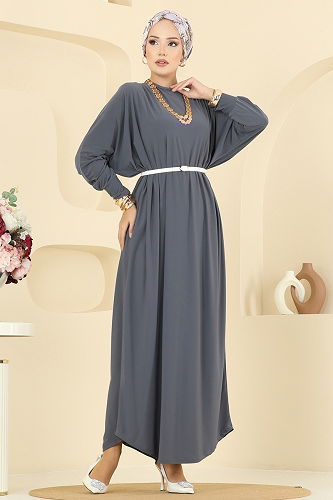 moda selvim الفستان رمادي غامق 5011ERK1158 - Thumbnail