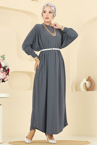 moda selvim الفستان رمادي غامق 5011ERK1158 - Thumbnail