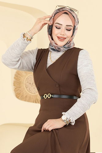 moda selvim فستان بلا اكمام بني 5095ERK1158 - Thumbnail