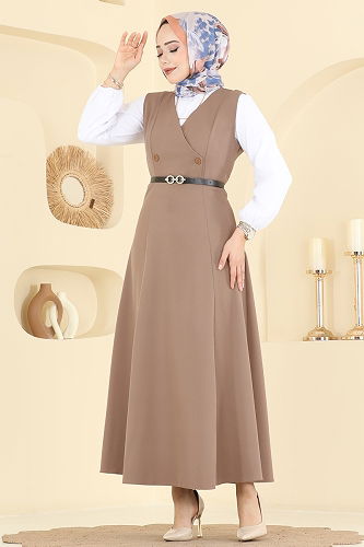 moda selvim فستان بلا اكمام بيج غامق 5095ERK1158 - Thumbnail