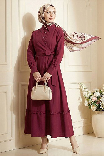 moda selvim الفستان خمري 5100DNZ1191-M - Thumbnail