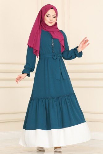 moda selvim 5155AL357 بترولي فستان - Thumbnail
