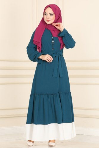 moda selvim 5155AL357 بترولي فستان - Thumbnail