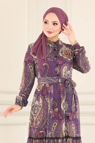 moda selvim 5159AL357 ارجواني فاتح فستان - Thumbnail