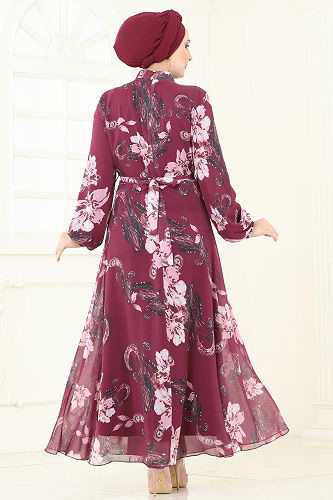 moda selvim Dress 5188AL357 Burgundy - Thumbnail