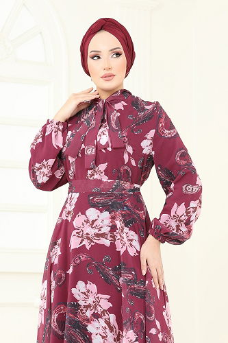 moda selvim Dress 5188AL357 Burgundy - Thumbnail