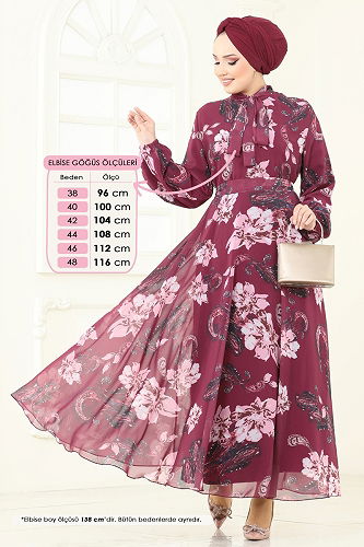 moda selvim Dress 5188AL357 Burgundy - Thumbnail