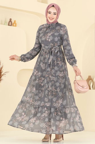 moda selvim الفستان رمادي غامق 5205AL357 - Thumbnail