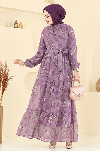 moda selvim Dress 5205AL357 Dark Lilac - Thumbnail