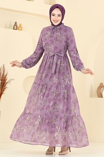 moda selvim Dress 5205AL357 Dark Lilac - Thumbnail