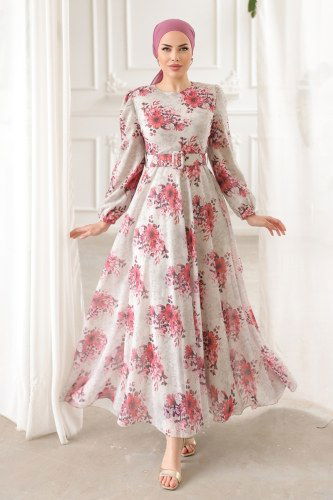 moda selvim Dress 5206AL357 Pomegranate Blossom & Stone - Thumbnail