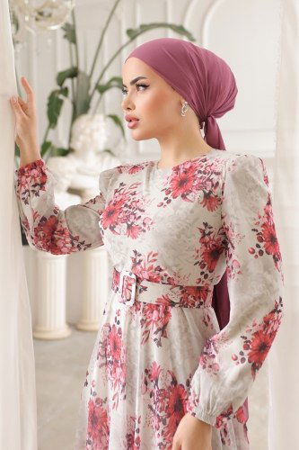 moda selvim Dress 5206AL357 Pomegranate Blossom & Stone - Thumbnail