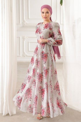 moda selvim Dress 5206AL357 Pomegranate Blossom & Stone - Thumbnail