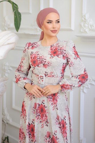 moda selvim Dress 5206AL357 Pomegranate Blossom & Stone - Thumbnail