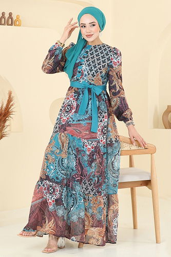 moda selvim Dress 5297AL357 Petroleum - Thumbnail