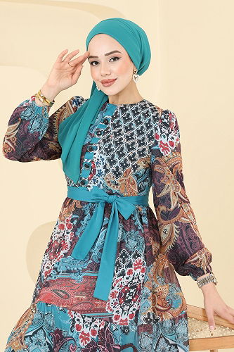 moda selvim Dress 5297AL357 Petroleum - Thumbnail