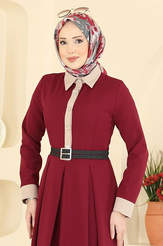 moda selvim Dress 5351AL357 Burgundy - Thumbnail