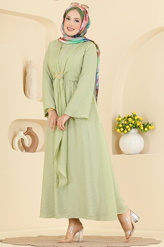 moda selvim الفستان أخضر عشبي فاتح 5428NFC1010 - Thumbnail
