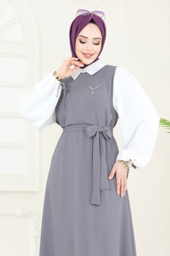 moda selvim الفستان رمادي 555S324 - Thumbnail
