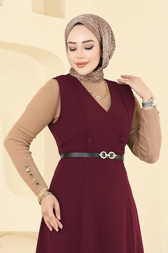 moda selvim DRESS 5574ZNNK1102 Burgundy - Thumbnail