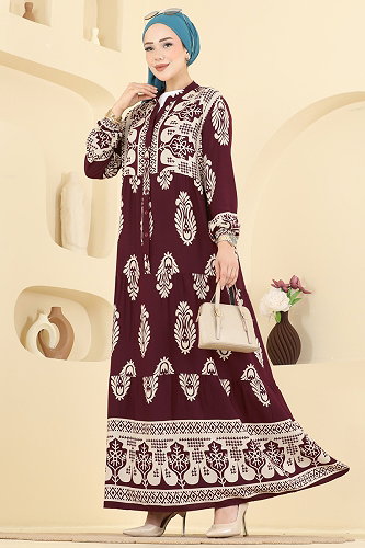 moda selvim Dress 5593ZNNK1102 Burgundy - Thumbnail