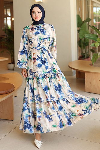 moda selvim Dress 565BRZK1151 Pattern2 Navy Blue - Thumbnail