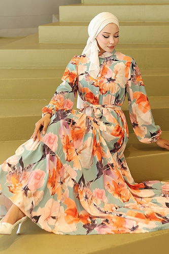 moda selvim Dress 565BRZK1151 Pattern3 Oranj - Thumbnail