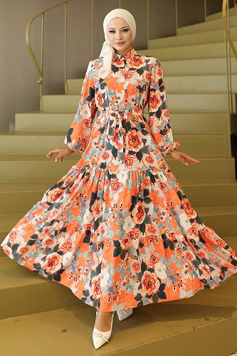 moda selvim Dress 566BRZK1151 Pattern3 Oranj - Thumbnail