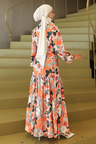 moda selvim Dress 566BRZK1151 Pattern3 Oranj - Thumbnail
