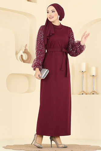 moda selvim Dress 5726EDF311 Burgundy - Thumbnail