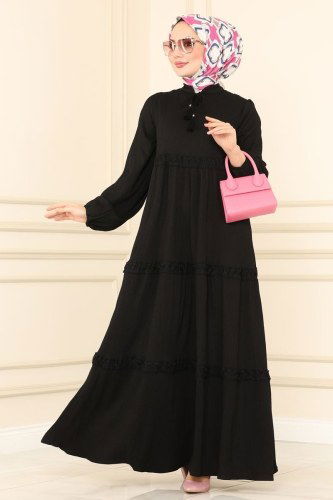 moda selvim 5842BSK463 اسود فستان - Thumbnail