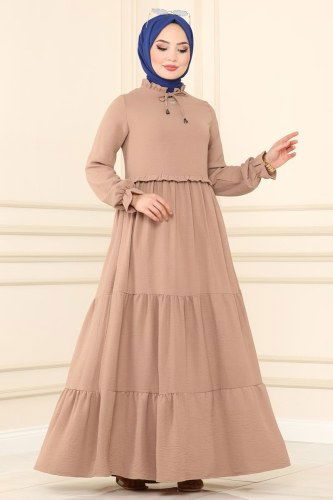 moda selvim 5854BSK463 لون البيج فستان - Thumbnail