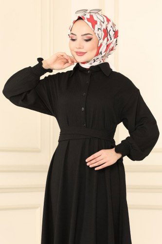 moda selvim 5856BSK463 اسود فستان - Thumbnail