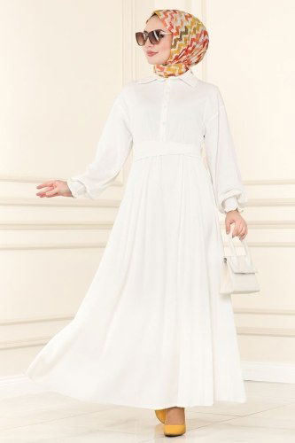 moda selvim Dress 5856BSK463 Ecru - Thumbnail