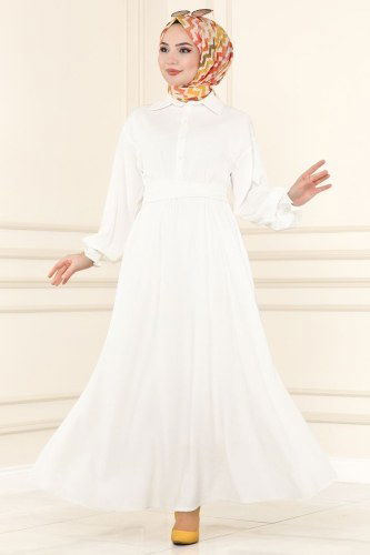 moda selvim Dress 5856BSK463 Ecru - Thumbnail
