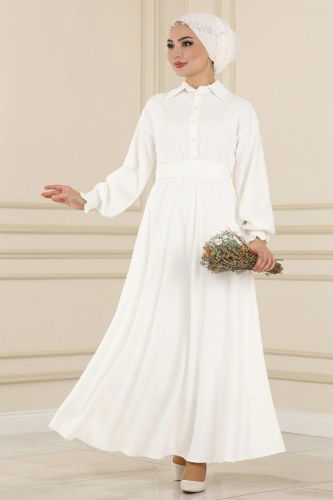 moda selvim Dress 5856BSK463 Ecru - Thumbnail