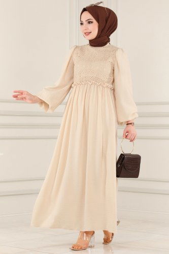 moda selvim 5857BSK463 كريمي فستان - Thumbnail