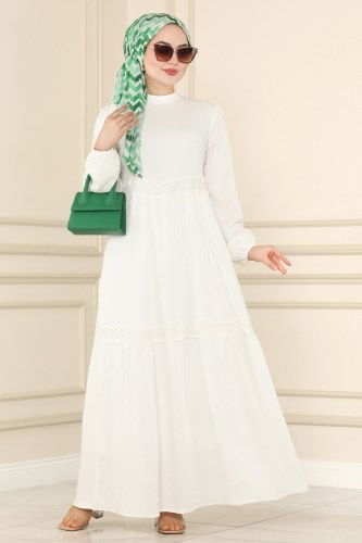 moda selvim Dress 5858BSK463 Ecru - Thumbnail