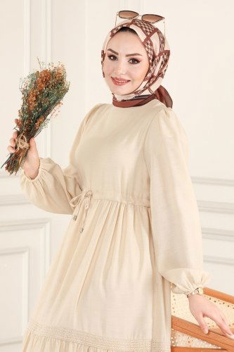 moda selvim 5864BSK463 كريمي فستان - Thumbnail