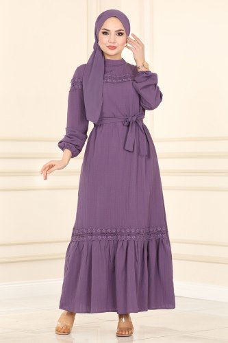moda selvim 5877BSK463 ارجواني فاتح فستان - Thumbnail
