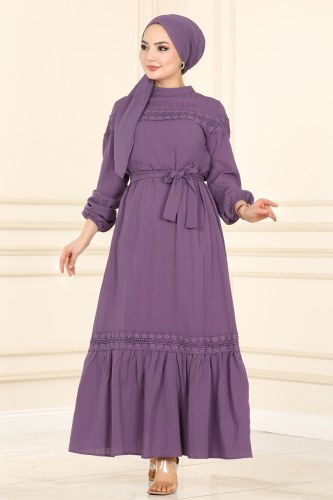 moda selvim 5877BSK463 ارجواني فاتح فستان - Thumbnail