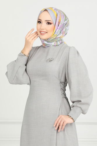 moda selvim الفستان رمادي 5962BSK463 - Thumbnail