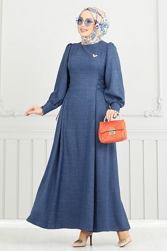 moda selvim Dress 5962BSK463 Indigo - Thumbnail