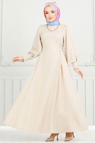 moda selvim Dress 5962BSK463 Stone - Thumbnail