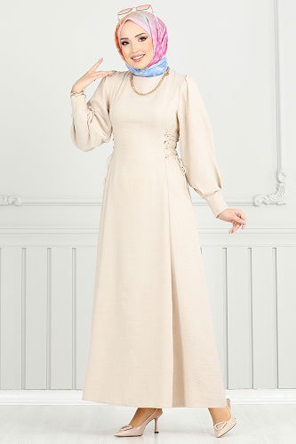 moda selvim Dress 5962BSK463 Stone - Thumbnail