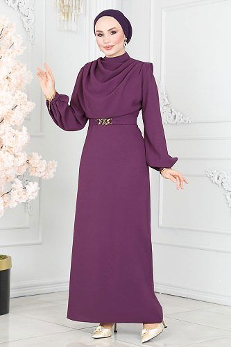 moda selvim 5985BSK463 ارجواني فستان - Thumbnail