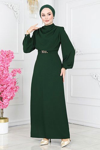 moda selvim Dress 5985BSK463 Emerald - Thumbnail