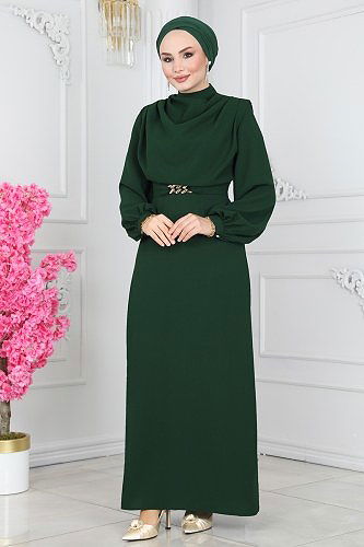 moda selvim Dress 5985BSK463 Emerald - Thumbnail