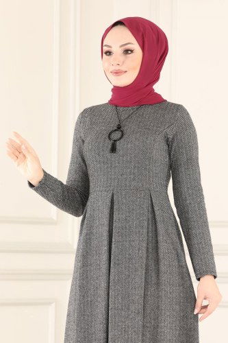 moda selvim 6010-1UKB139 الفضي فستان - Thumbnail