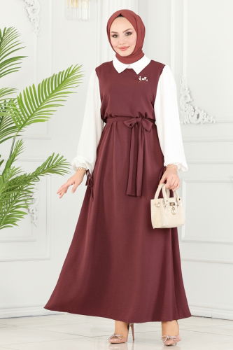 moda selvim Dress 6065S324 Dark Rose Dusky & Ecru - Thumbnail